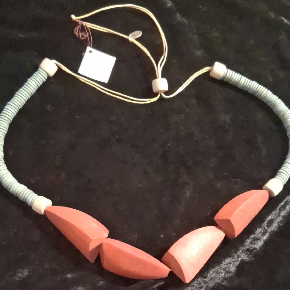 Sylva Coral and Mint Color Wooden Geometric Necklace Adjustable 22 To 26 In Long